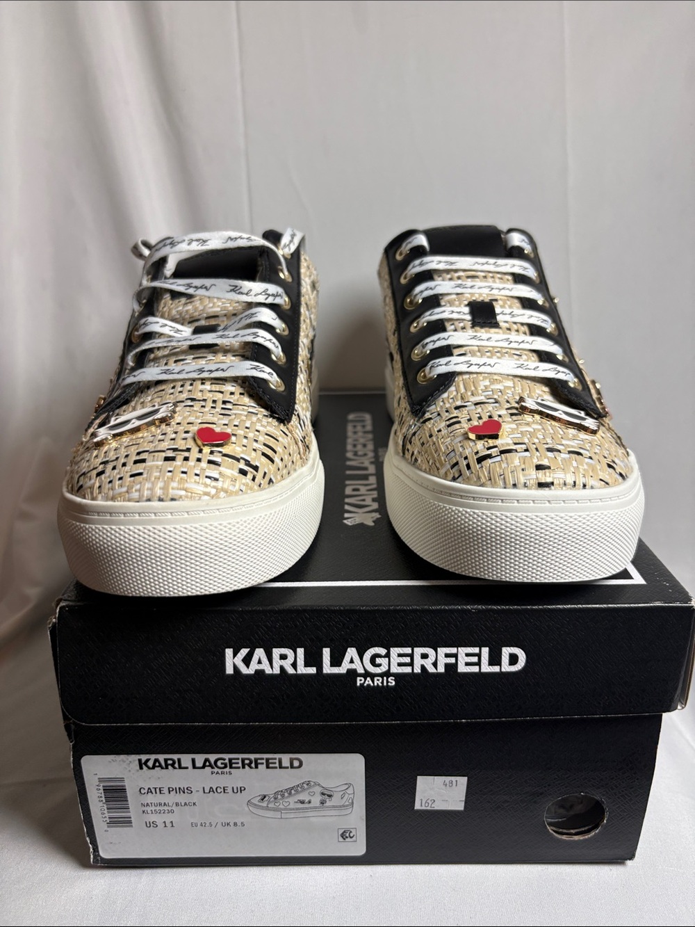 Karl Lagerfeld Beige Woven Lace-Up Sneakers with Black Trim and Red Heart